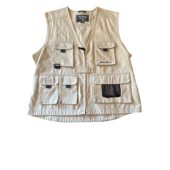 Eddie Bauer Mens Outdoor Utility Vest L Beige Cotton - Picture 1 of 4